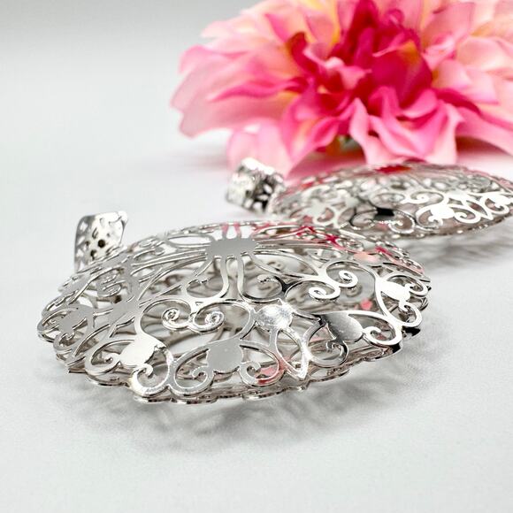 Vintage Puffy Filigree Openwork Earrings Silver Tone  Round Drop Dimensional 3D - Picture 7 of 13